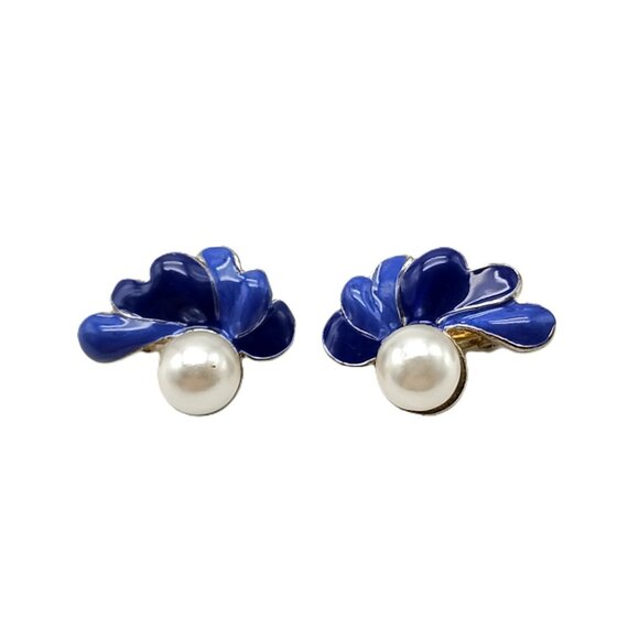 Vintage Blue Enamel Flower Clip-on Earrings with Pearl Centers Statement Jewelry - Picture 3 of 7